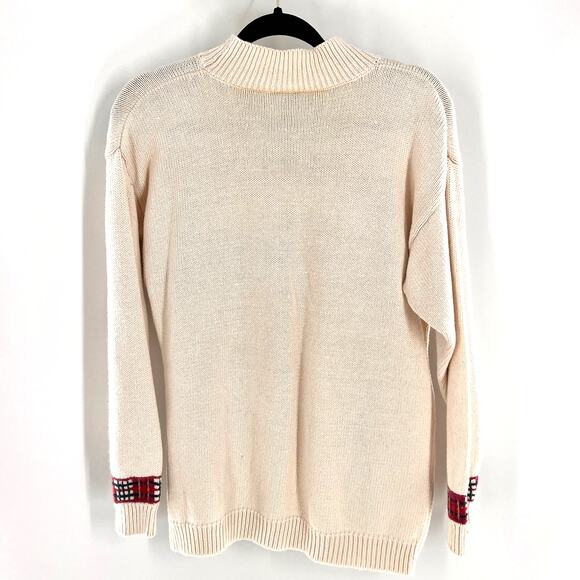 women's SM vintage floral intarsia mock neck sweater plaid off white pink purple - Picture 5 of 8